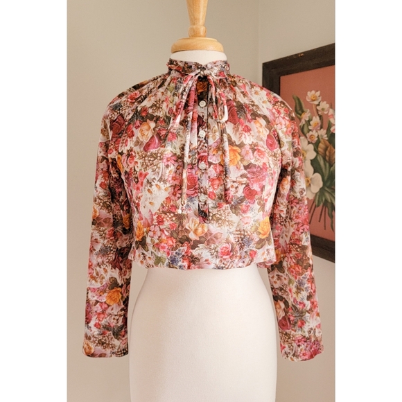 70s Floral Long Sleeve Tie Neck or Waist 1970s Feminine Bohemian Vintage Blouse - Picture 15 of 16